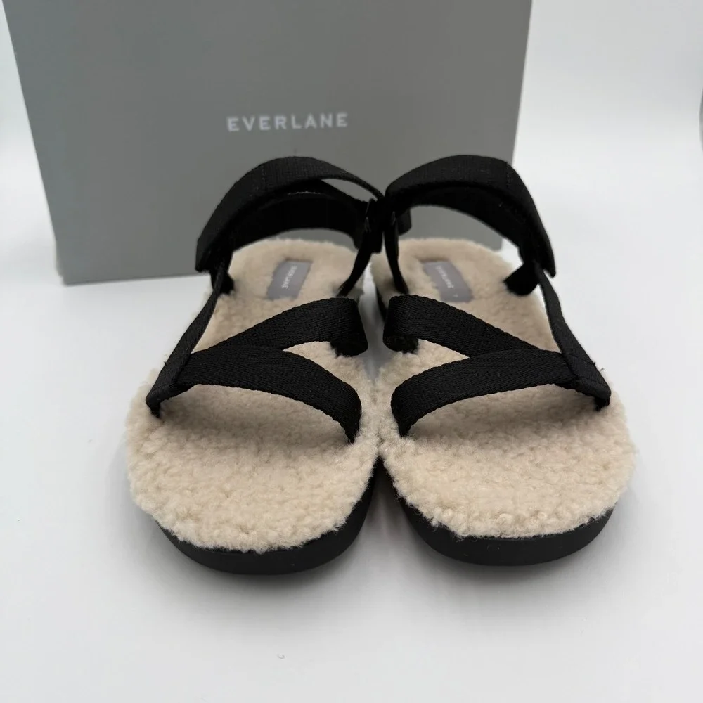 Everlane NEW NWB The ReNew Teddy Sport Sandals Sherpa Lined Strappy Black 7 - Picture 6 of 7